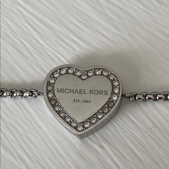 Michael Kors Silver Tone Pave Heart Slider Bracelet w Dust Bag Love Sweetheart